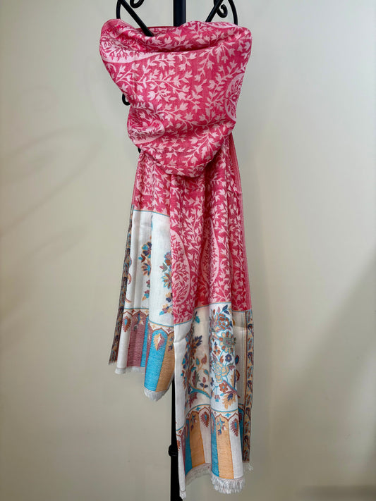 Ambi Motif - Soft Wrap Shawl in Cherry Pink with Intricate Floral Motif in Jacquard Weave