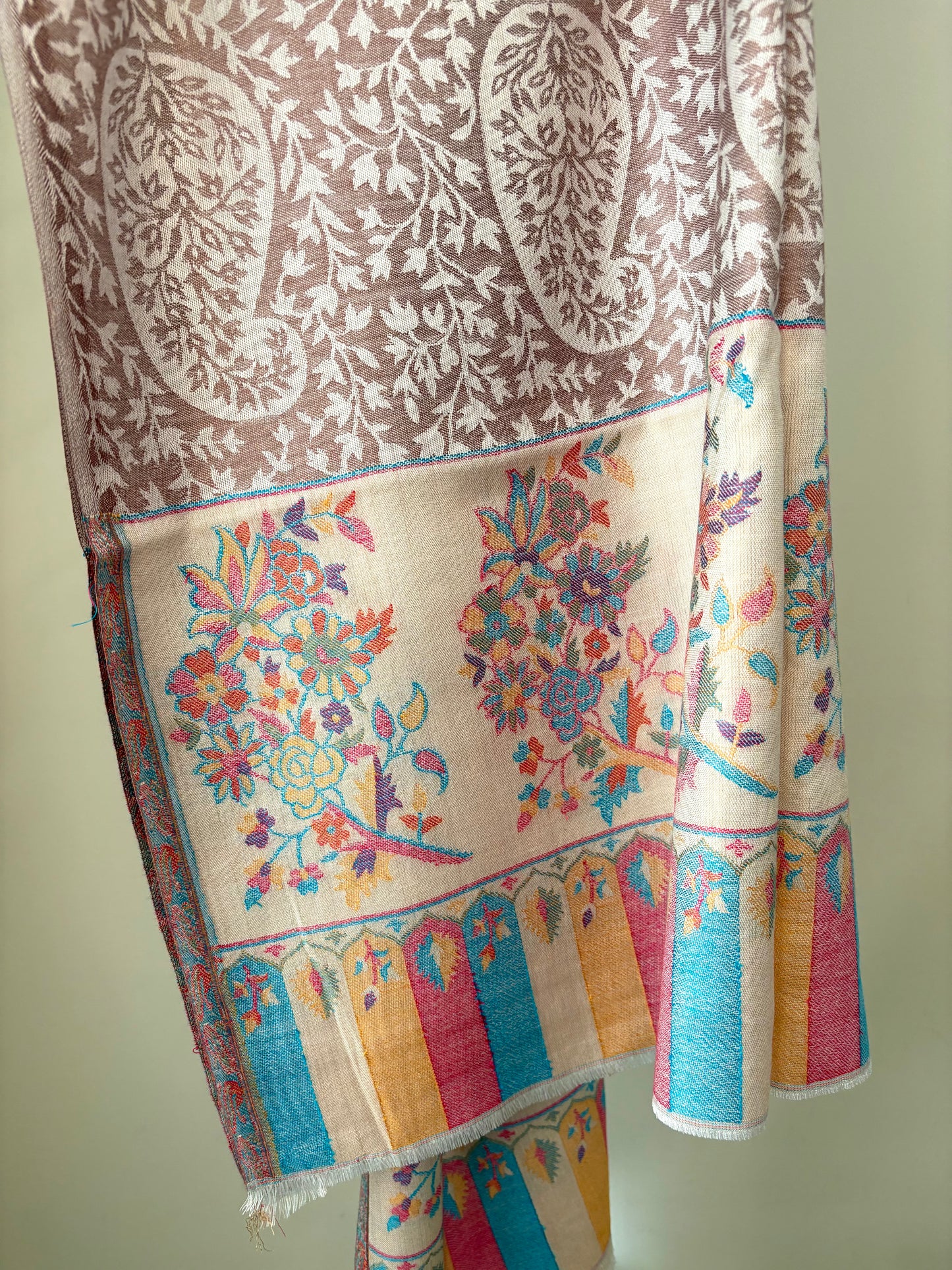 Ambi Motif - Soft Wrap Shawl in Silvery Almond with Intricate Floral Motif in Jacquard Weave
