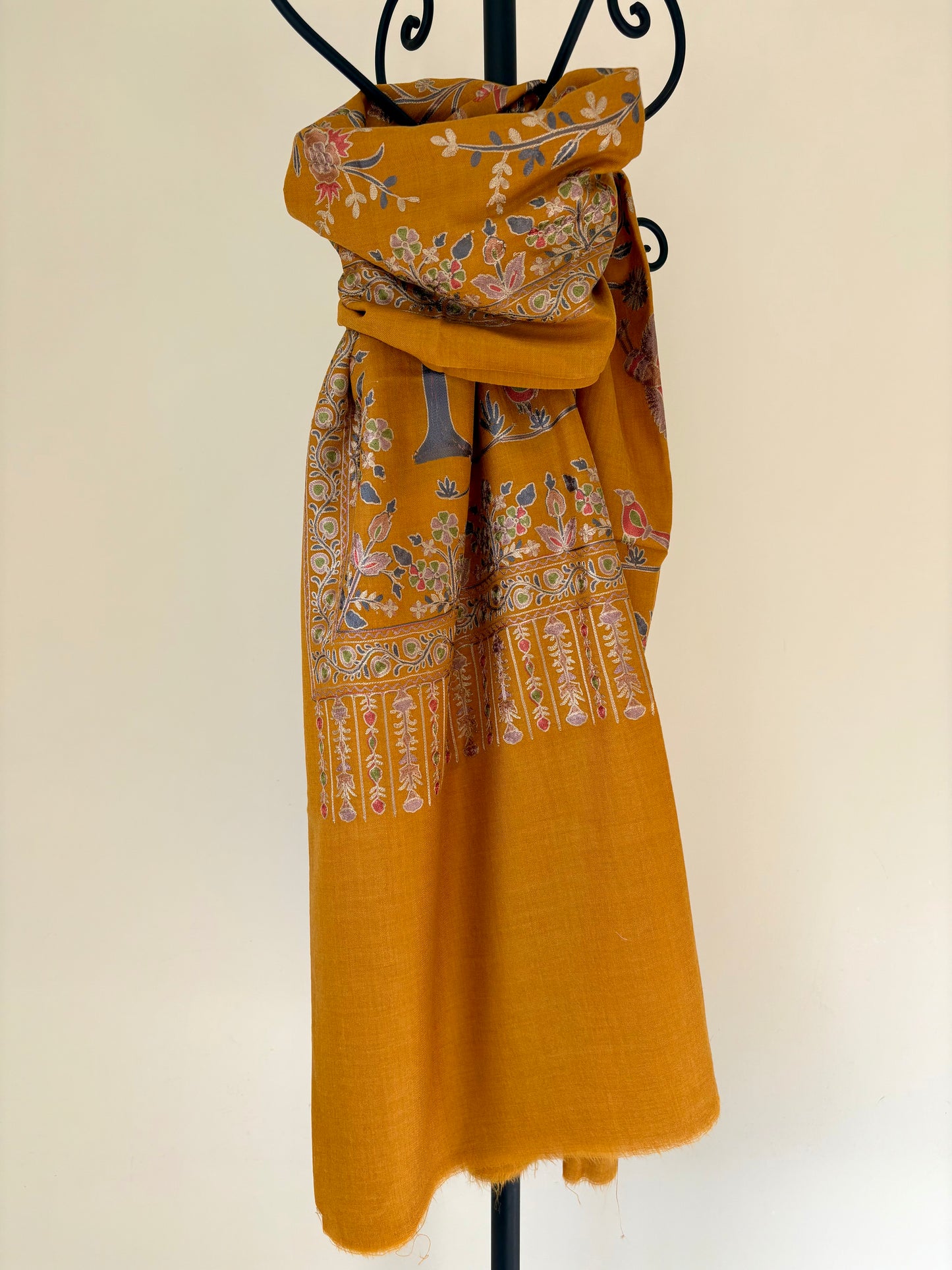 Gorgeous Gulmohar - Fine Cashmere Wool Shawl in Rich Mustard with Delicate, Heritage Nalki Embroidery