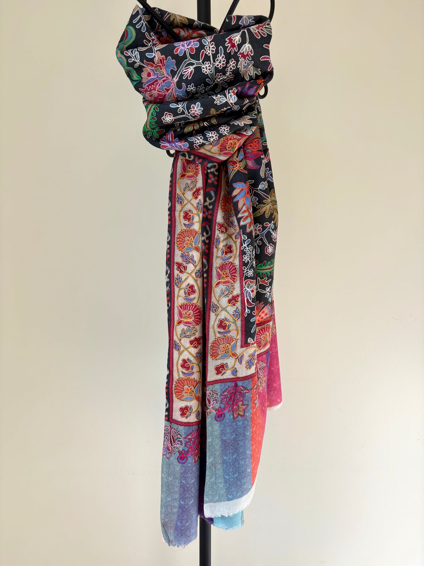 Charming Chinar - Fine Cashmere Wool Shawl in Classic Black with Heritage Nalki Embroidery & Jacquard Weave