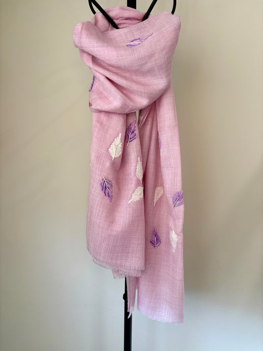 Pearls & Petals - Fine Cashmere Wool Shawl in Rosy Mauve, Hand Embroidered with Pearl Beads