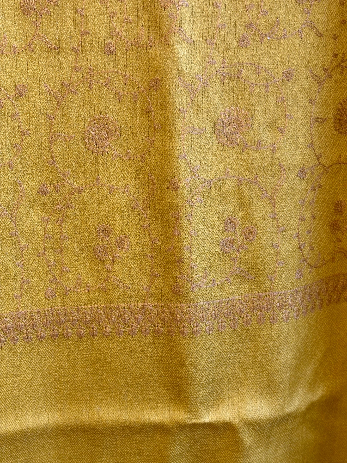Sozni Jaal - Fine Cashmere Wool Shawl in Rich Mustard with Delicate, Heritage Embroidery