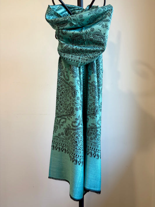 Beautiful Buta - Soft Wrap Shawl in Teal & Black with Intricate Floral Motif in Jacquard Weave