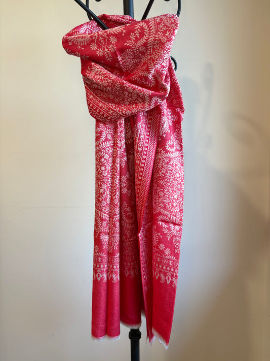 Beautiful Buta - Soft Wrap Shawl in Coral Red & White with Intricate Floral Motif in Jacquard Weave