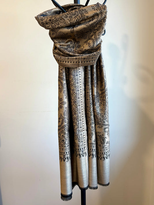 Beautiful Buta - Soft Wrap Shawl in Mocha & Black with Intricate Floral Motif in Jacquard Weave