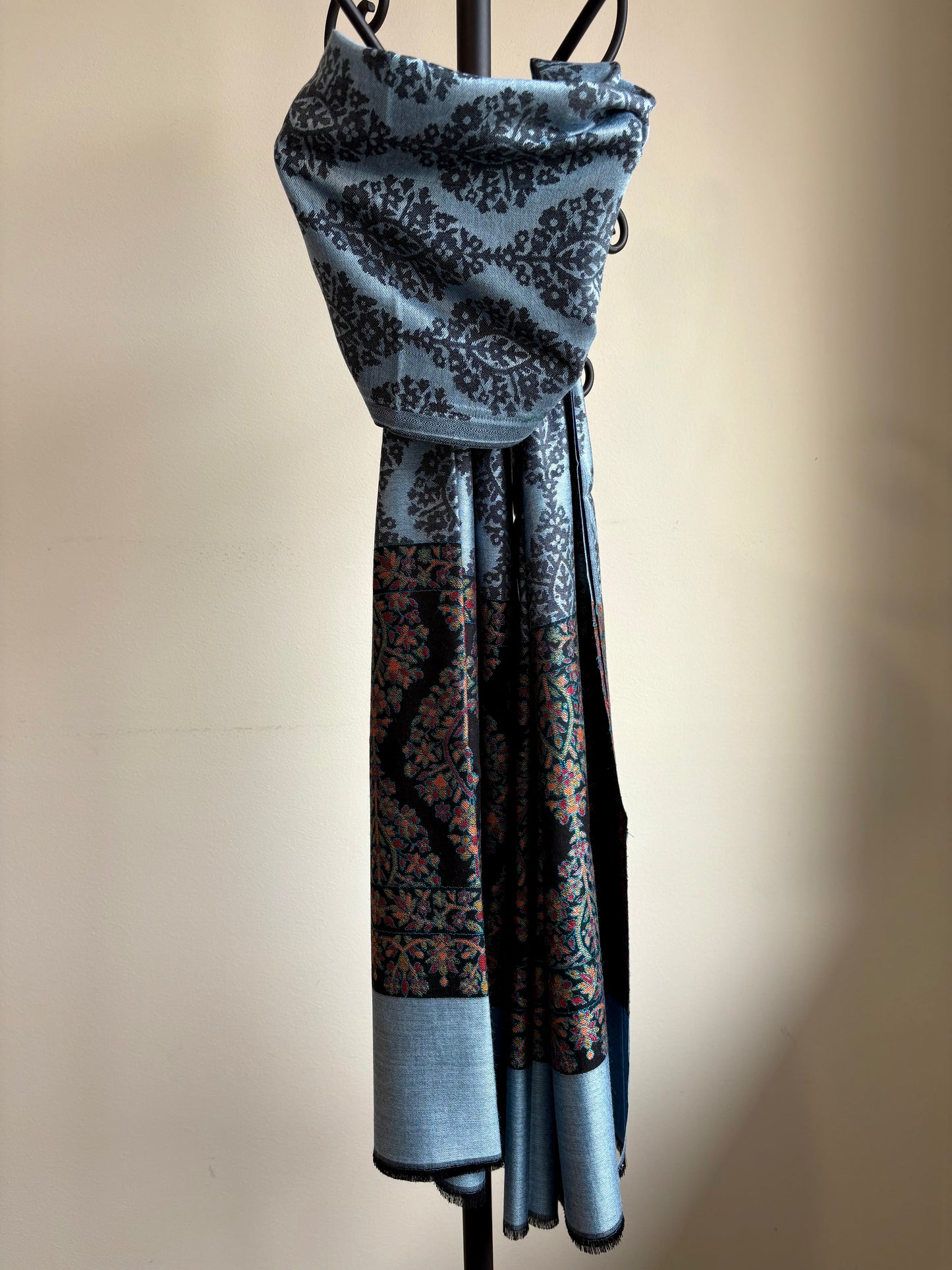 Poshkar Motif - Soft Wrap Shawl in Cobalt Blue & Black Border with Intricate Jacquard Weave