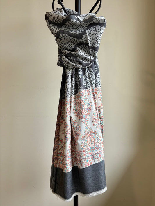 Poshkar Motif - Soft Wrap Shawl in Classic Black & Ivory with Intricate Jacquard Weave