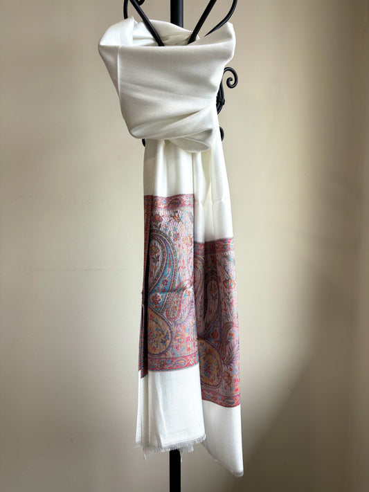 Paisley Motif - Soft Wrap Shawl in Pearl Ivory with Intricate Jacquard Weave