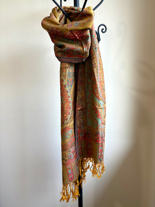 Kashmiri Motif - Reversible Wrap Shawl in Rich Mustard & Coral Pink with Intricate Jacquard Weave & Tassels