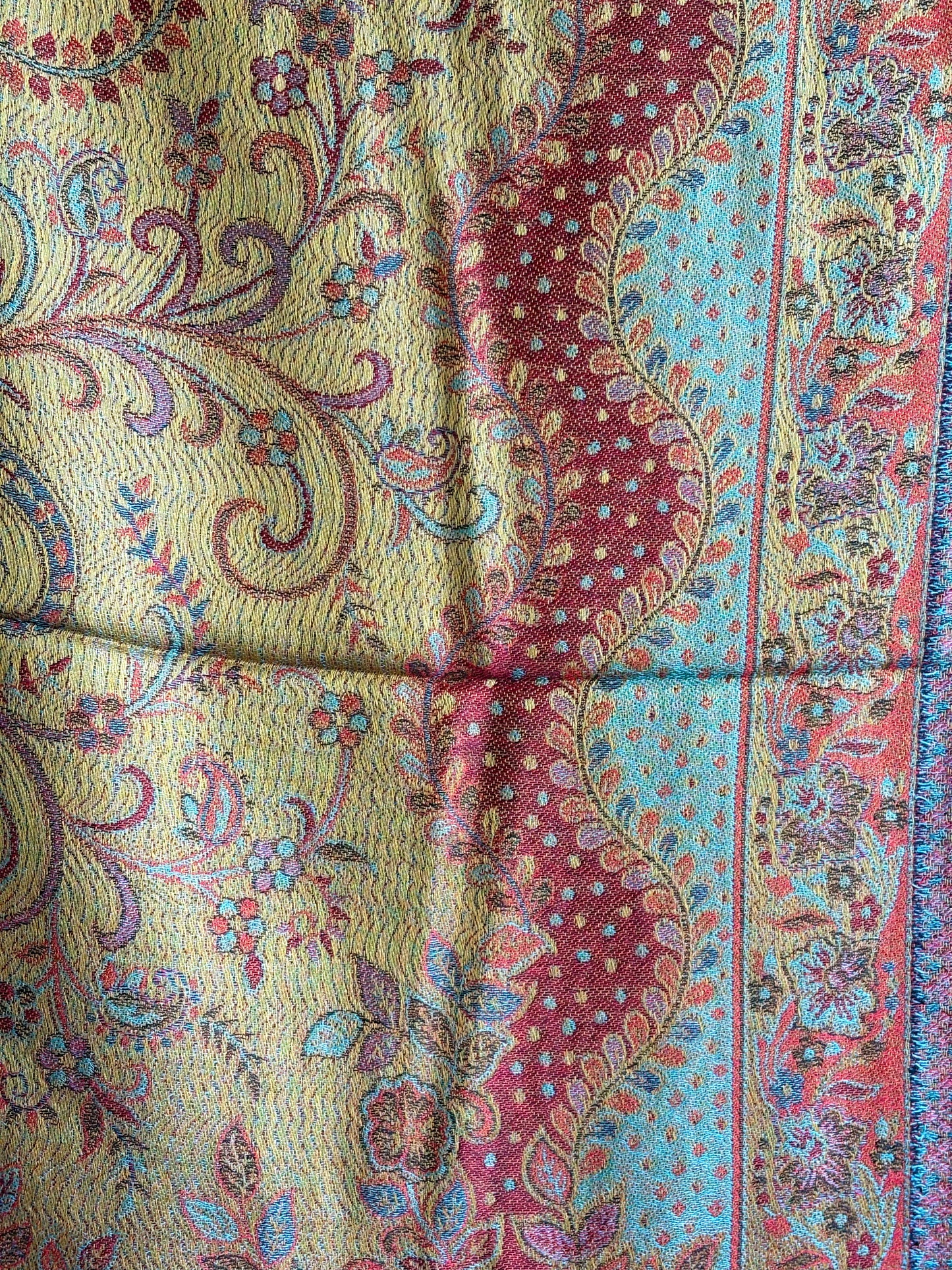 Kashmiri Motif - Reversible Wrap Shawl in Rich Mustard & Coral Pink with Intricate Jacquard Weave & Tassels