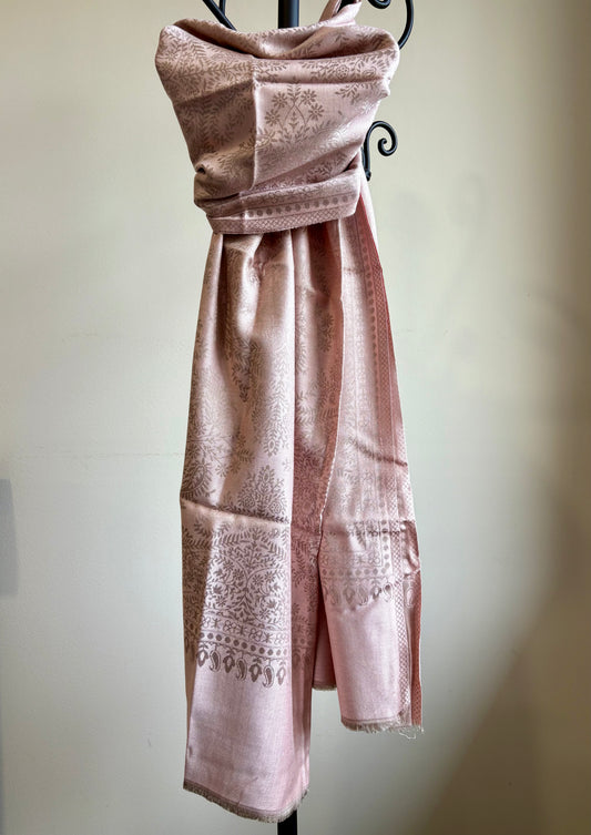 Beautiful Buta - Soft Wrap Shawl in Dusty Rose & Silver with Intricate Floral Motif in Jacquard Weave