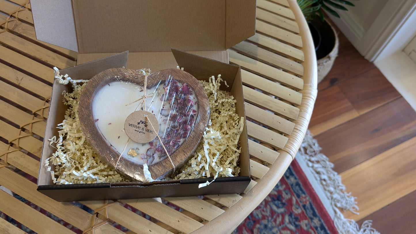 Luxe Wooden Heart Bowl, Soy Wax Candles - Infused with Essential Oils, 450g, (Boxed)