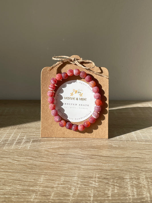 Frosted Agate Semi Precious Stone Bracelet, Deep Rose Pink