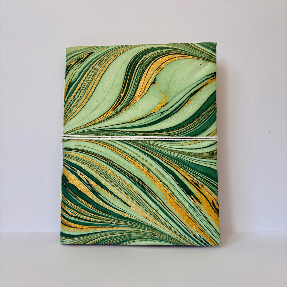 Wavy Verde - Marbled Cover and Flower Paper, Handmade Blank Journal