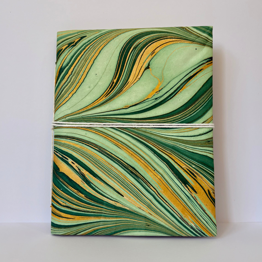 Wavy Verde - Marbled Cover and Flower Paper, Handmade Blank Journal