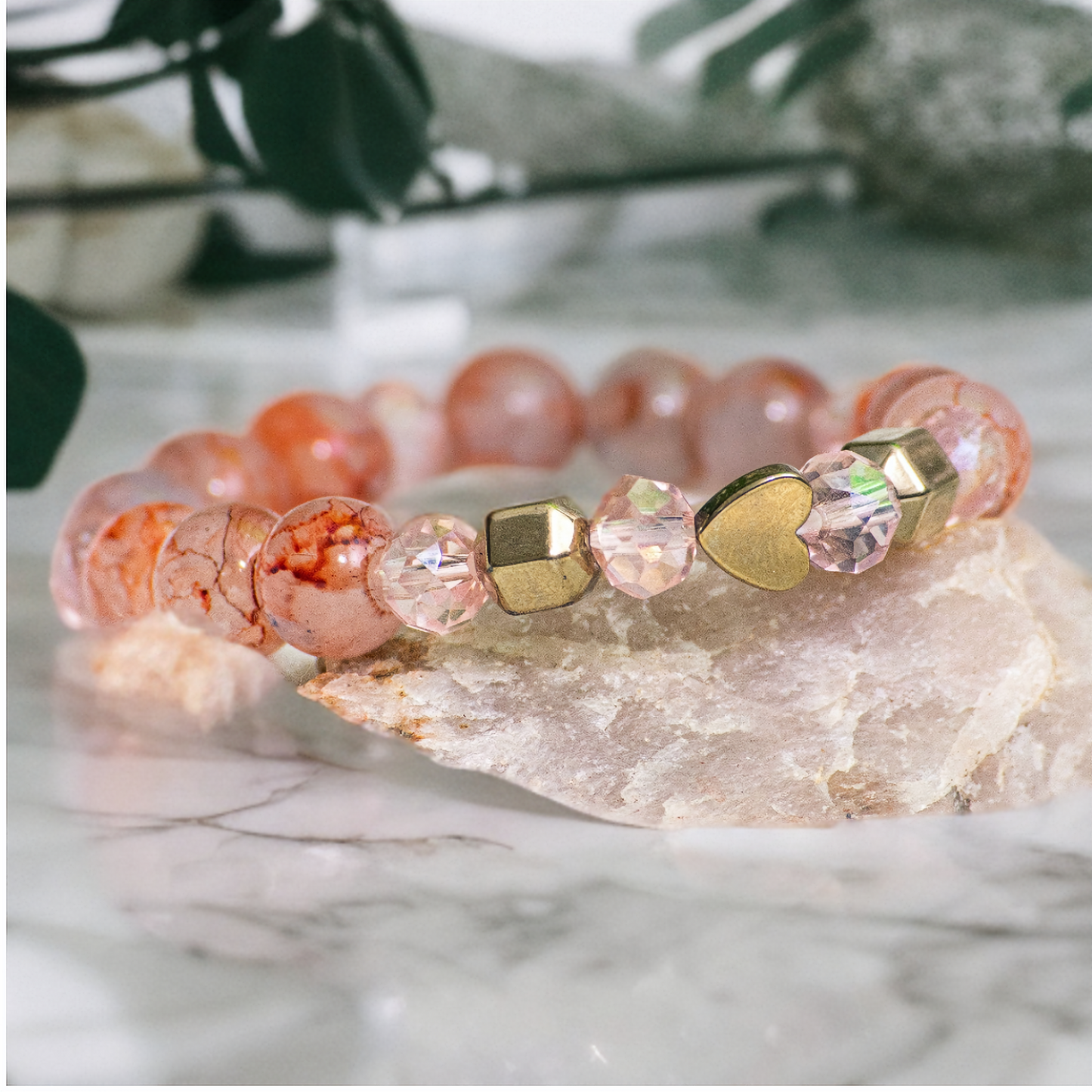 Love Blossom Orange with Golden Beads, Imitation Quartz Bracelet