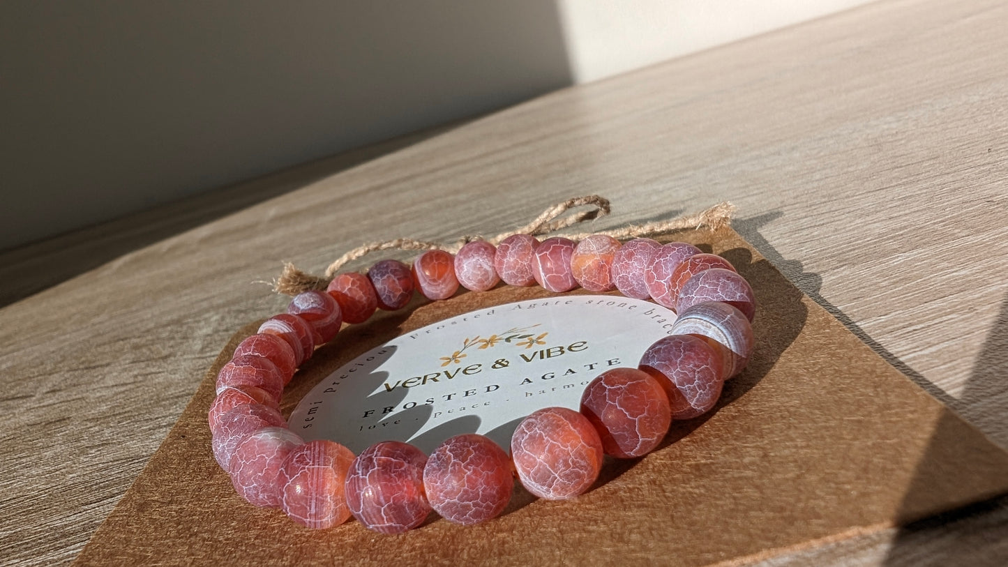 Frosted Agate Semi Precious Stone Bracelet, Deep Rose Pink